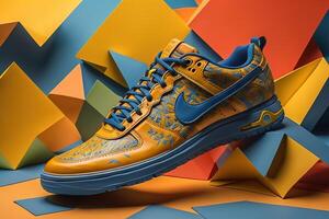 Sneakers on a background of geometric shapes. photo