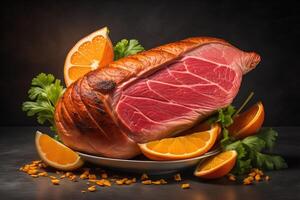 Sliced smoked ham with oranges and parsley on black background. photo