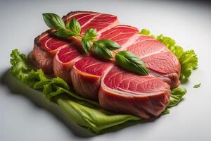 Slices of smoked tuna on a white background with basil leaves. generative ai photo