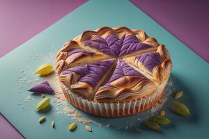 Tasty homemade pie with lilac flowers on blue and pink background. photo