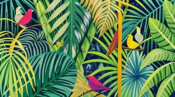 Tropical background with palm leaves and parrots. Vector illustration. photo