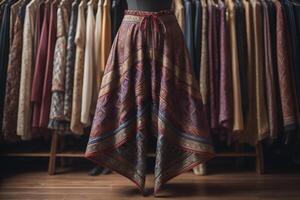 Thai silk cloth hanging on the clothes rack in the store. photo