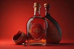 Tequila bottle with red label on red background. generative ai photo