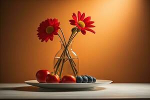 Tomates y arándanos en un florero en un de madera mesa. generativo ai foto