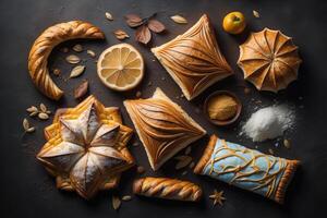 Traditional italian pastry with lemon and cinnamon on a black background. photo