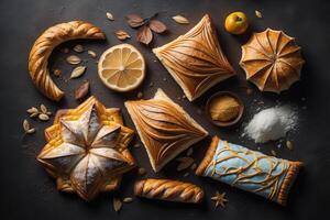 tradicional italiano Pastelería con limón y canela en un negro antecedentes. generativo ai foto