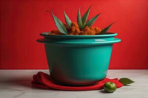 Turquoise pot with cannabis powder on white marble table and red cloth. generative ai photo