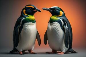 Two penguins standing and looking at each other. generative ai photo