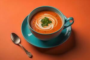 Tomato soup with cream and parsley in blue bowl on orange background. generative ai photo