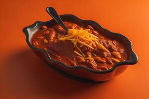Traditional mexican chili con carne in bowl on orange background. photo