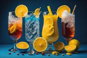 Variety of alcoholic cocktails on blue background. Alcoholic drinks. photo