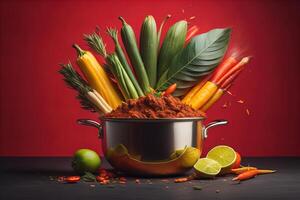Vegetables and spices with chili powder in pot on red background. photo
