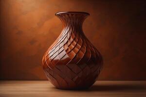 Vase on wooden table on brown wall background. generative ai photo