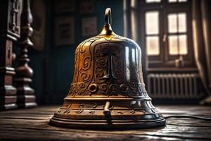 Vintage bell on the background of the window. photo