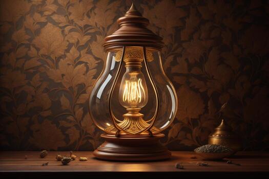 Clásico queroseno lámpara en un de madera mesa en frente de un Clásico fondo de pantalla. generativo ai foto