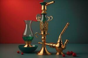 Vintage hookah with two glasses and a bowl of raspberries. generative ai photo
