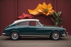 Vintage green car on the background of a red wall with flowers. photo