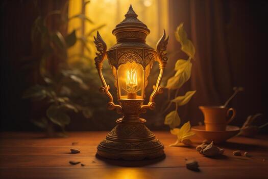 Vintage lamp on wooden table in dark room. Ramadan Kareem background. photo