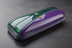 Violet leather clutch on a black background. photo