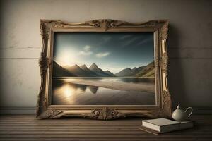 Vintage picture frame in interior with lake and mountains. generative ai photo