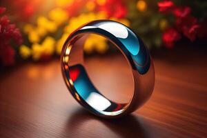 Wedding rings on a wooden table. photo