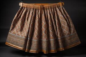 Women's brown skirt with a pattern on a hanger on a black background. photo