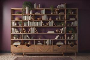 Wooden bookshelf with books and decorations. photo