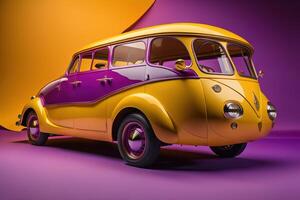 Yellow retro bus on a purple background. generative ai photo