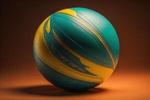 a blue and yellow beach ball on brown background. photo