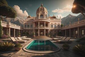a beautiful hotel in the mountains with a swimming pool. photo