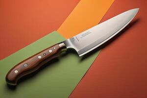 a chef's knife on a green and orange background. photo