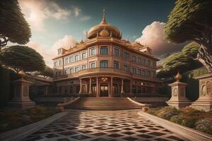 a beautiful palace in the park with blue sky. photo