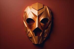 a golden mask on a dark red background. photo