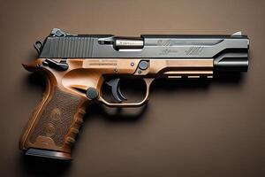 a handgun on a brown background with copy space. photo