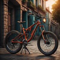 bicycle in the city at sunset. photo