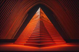 a pyramid in a dark space with red lights. photo