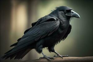 negro cuervo en un rama con un oscuro fondo, generativo ai foto