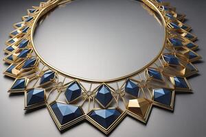 golden crown with blue gemstones on grey background. photo
