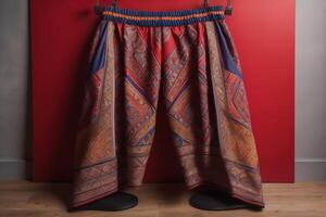 indian ethnic sarong hanging on a red wall in a room. photo