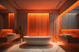 luxury modern bathroom with orange walls, concrete floor, comfortable bathtub and two sinks. generative ai photo