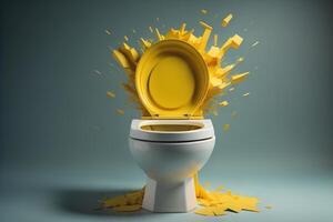 toilet bowl with yellow splashes on grey background. generative ai photo