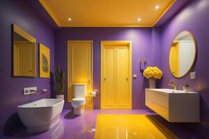 modern bathroom with purple and yellow walls and floor. photo