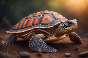 turtle on the sand in the evening light. photo