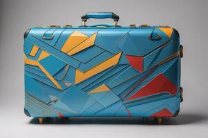 A blue suitcase with a pattern of geometric shapes. generative ai photo