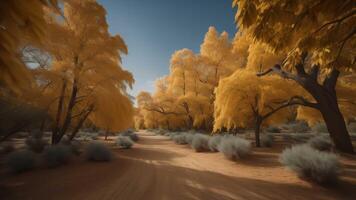 Autumn landscape with yellow trees and dirt road. generative ai photo