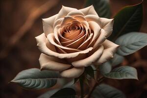 Beautiful beige rose close-up on a dark background. generative ai photo