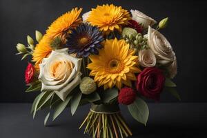Beautiful bouquet of different flowers in vase on black background. photo