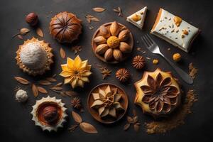 Assortment of chocolates on a black background, top view. photo