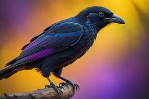 Beautiful black bird on a branch in nature. Colorful background. generative ai photo