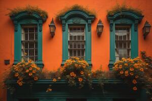 Beautiful orange wall with windows and flowers. generative ai photo